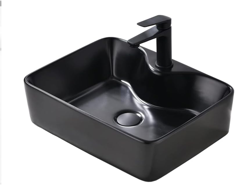 16"x12" Bathroom Sink and Faucet Combo -VOKIM 16"x12" Bathroom Vessel Sink Rectangle Above Counter Matte Black Porcelain Ceramic Modern Vanity Sink with Matte Blac Faucet and Pop-up Drain Combo