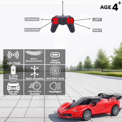 Image of High-Speed Remote Control Car for Kids | Rechargeable Lithium Battery | Type-C Charging | LED Headlights | Red