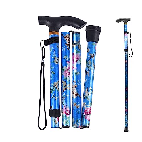 ZHjuju Canne de marche réglable pliable bleu à fleurs en aluminium léger et confortable et aide à la marche durable Facile à hauteur réglable Durable...