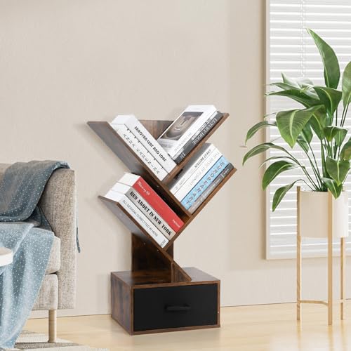 GlowSol Tree Bookshelf-4 Shelf Bookcase with Drawer, Free Standing Tree Bookcase, Utility Storage Rack for CDs Movies Book, Retro Book Storage Shelves for Living Room, Bedroom,Home, Office