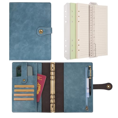 WONDERPOOL A5 Binder Journal Leather Spiral Notebook Refillable College Ruled Paper, Budget Binder Rings Diary Organizer with Pen for Office School Travel Business Planning Writing (Light blue, A5)