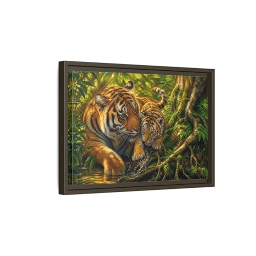 Tableau tigre et son petit cadre espresso grand format en toile salon poster horizontal animalier
