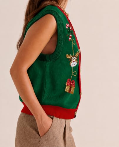 Image of Women Christmas Sweater Vests Santa Claus Sleeveless Cardigan | Women Christmas Sequin Sweater Vests, Button Down, Gingerbread Man Print, Christmas Holiday Tank Top
