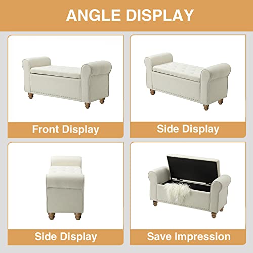 Hulala Home Modern Storage Ottoman Bench With Wood Legs And Armrest, Button-Tufted Bedroom Bench For End Of Bed, Upholstered Rolled Arm Bench Footstool For Entryway Living Room, Ivory #TOP2