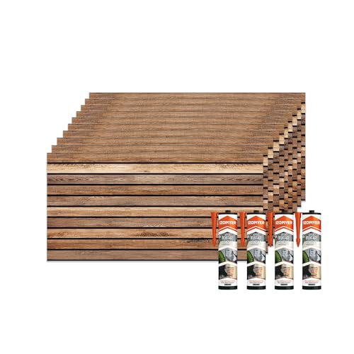 IZODEKOR Revestimiento de pared de madera de poliestireno 3D, paneles acústicos de aspecto de madera, decoración de pared para cocina, baño, balcón, dormitorio y sala de estar, madera oscura, 10