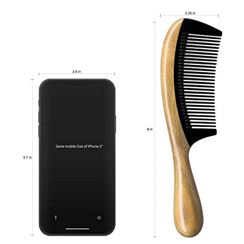 Onedor 100% Handmade Natural Green Sandalwood With Buffalo Horn Hair Combs - Anti-Static Sandalwood Scent Natural Hair Detangler Wooden Combs (Buffalo Horn Fine Tooth) #TOP3