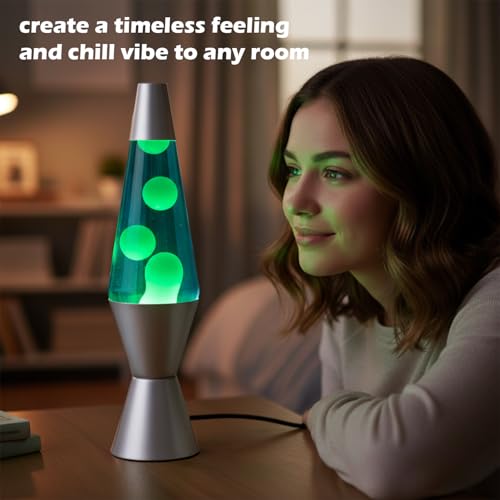 Image of KARP 14.5 Inch Lava Lamp (Blue Water & Green Lava) | Silver Base, Metal & Glass | 220-240V 50Hz | R39 E14 25W Bulb | Run by Plug with Inline Switch | Ambient Night Lamp & Gift for Home Decor & Office