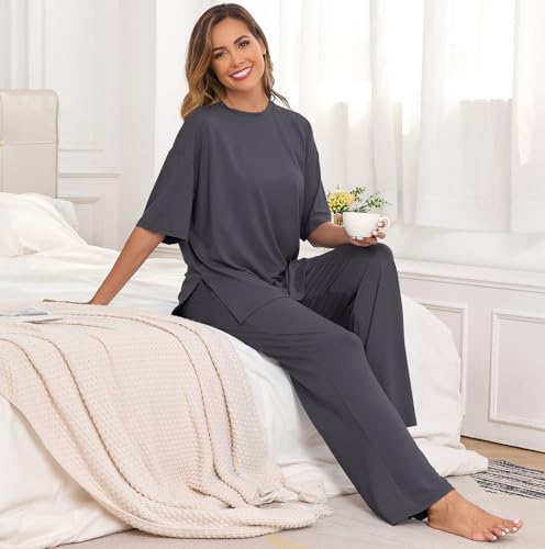 Image of PrinStory Womens Pajamas Sets 2 Piece Lounge Set Short Sleeve Tops and Long Pants Soft Pjs Loungewear with Pockets