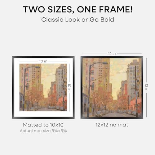 Image of Homeforia Black 12x12 Picture Frames, High End Metal 12 x 12 Square Poster Frame with Mat 10 x 10 Photo, 12x12 Black Frame Matted to 10x10 Print, 12by12 Thin Frames, Tempered Glass, Wall Kit, Set of 4