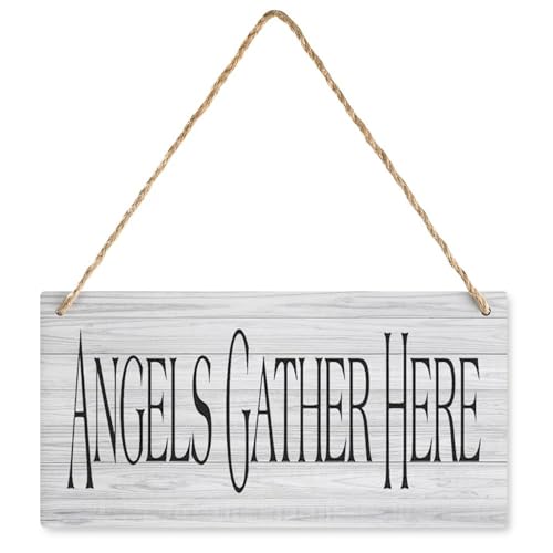 Image of 12x6 Inch Wooden Hanging Plaque, Angels Gather Here Faith Inspirational Rustic Wall Sign, Motivational Wall Decor for Bedroom Home