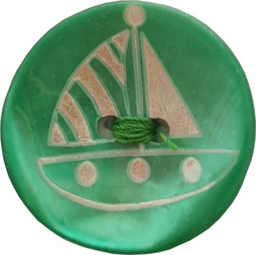LÜNA Genuine Mother of Pearl Dyed Buttons, Engraved Ship (Green, 15mm (Pack of 6)