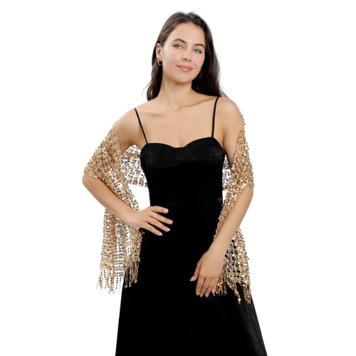 Women's Long Sequin Shawls 1920s Scarf Mesh Glittering Wedding Cape Fringed Evening Wrap Formal Harlem Night3