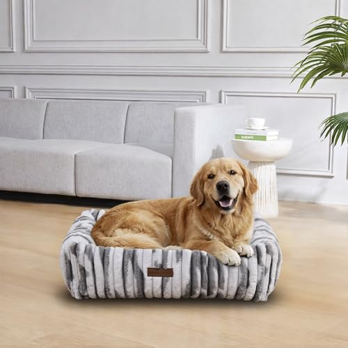 Image of Modern Threads Ribbed Plush Two-Tone Cuddler Dog Bed, Ultra-Soft Faux Rabbit Fur, Supportive Bolstered Sides, Removable Washable Cover, Bed for Medium to Large Dogs, Silver, (34 inch L x 25 inch W x 9 inch Th)