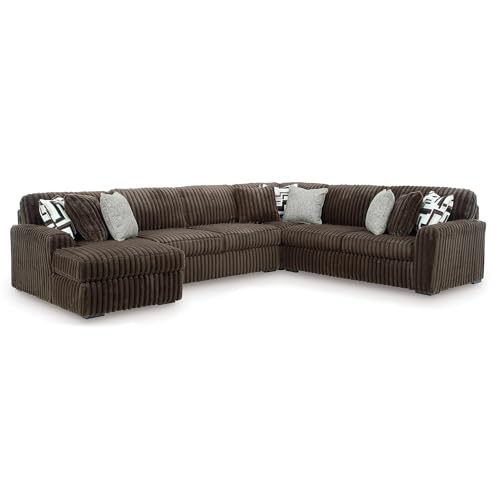Image of Signature Design by Ashley Midnight-Madness 4-Piece Sectional with Chaise, Anti-Sag Foundation, Jumbo Corduroy Polyester U-Shaped Sofa for Living Room Comfort, Chocolate Brown, 151 inch W