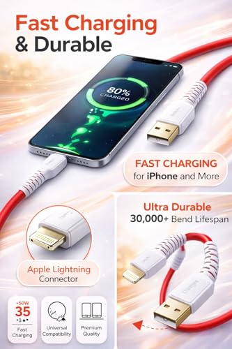 Image of USB to Lightning Cable 1.2m Red 25W 3A Fast Charging 480Mbps Data Sync Compatible with iPhone 14 /13 /12 /11 /X /8 /7 /6 /5, iPad, AirPods (CB-110)