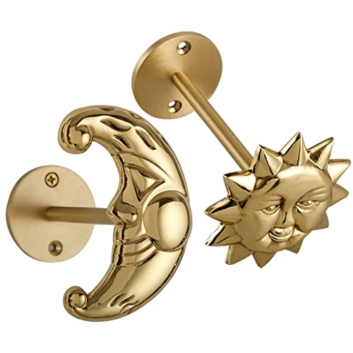 Image of Curtain Tiebacks Sun Moon Shape Curtain Holdbacks, American Vintage Brass Curtain Buckle, Nordic Creativity Curtain Hooks, Bedroom Window Ornaments, Hole Installation (Color : Gold Color, Size : A+B