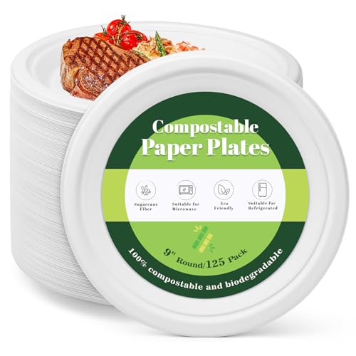 Fniiva 125PCS 9Inch Paper Plates, Heavy Duty Disposable Plates, Compostable Plates, Sugarcane Dinner Plate, Biodegradable Sugarcane Bagasse, Eco-Friendly for Breakfast, Lunch or Family Dinner Meals