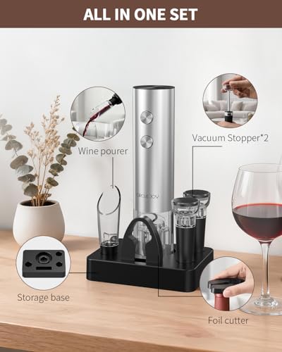 Image of CIRCLE JOY Electric Wine Opener Rechargeable, 6-in-1 Stainless Steel Electric Cordless Wine Bottle Opener with Pourer & Foil Cutter, 2 Vacuum Preservation Stoppers and Base, Gift for Home, Party, Bar