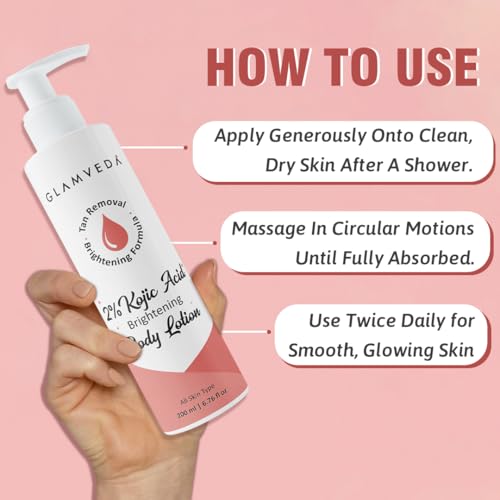 Image of Glamveda Body Lotion with 2% Kojic Acid & Alpha Arbutin 200ml Pack of 3 | 24hr Deep Moisturizer, Nourishes & Protect Skin | Remove Dark Spots, Pigmentation, Tan Removal | Non Greasy | All Skin Type