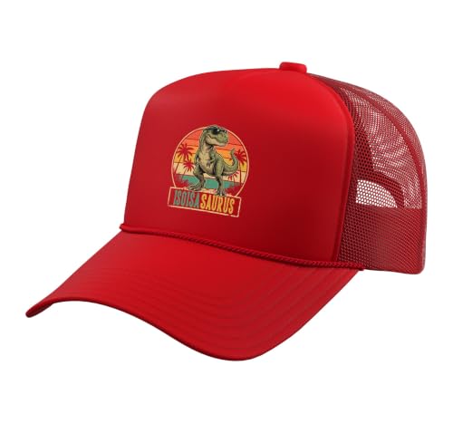 ISOISÄ Saurus Vintage T-Rex Dinosaur Fathers Day Trucker Hat with Adjustable Mesh Back, Red