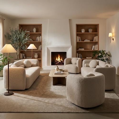 Image of 4-Piece Boucle Sofa Set for Living Room, Modern Curved Loveseat Sofa Set with 2 Loveseats & 2 Accent Chairs, Deep Seat Solid Wood Frame, No Assembly, Beige