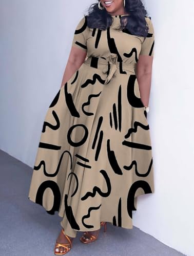 Image of Hostoyo Women Plus Size Formal A Line Maxi Dress Self Tie Waist with Pockets Elegant Round Neck Swing Long Dresses