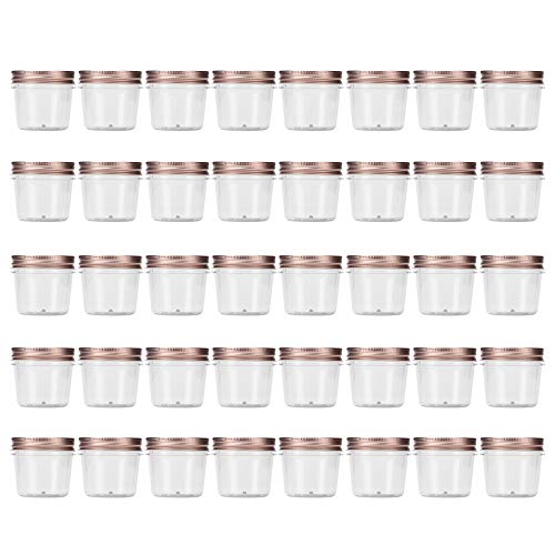 Novelinks Transparente Kunststoffgläser mit rotgoldenen Deckeln, nachfüllbar, rund, transparent, Vorratsdosen für Küche und Haushalt, BPA-frei, 40 Stück Cover