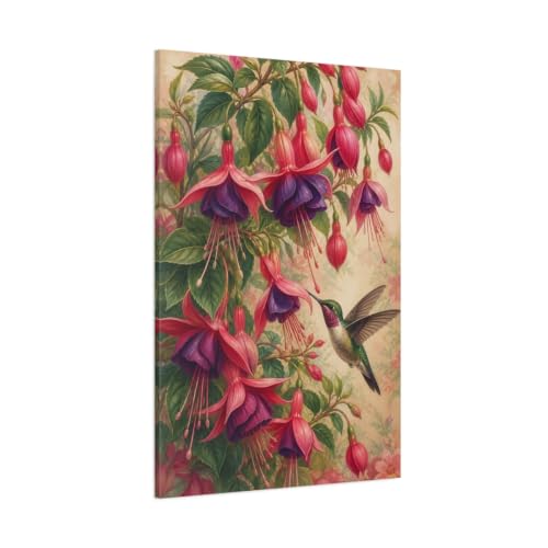 Impression sur toile colibri fuchsia grand format vertical deco vintage salon