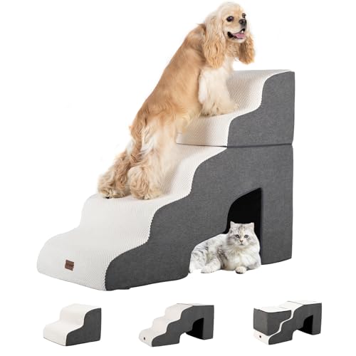 Dog Stairs for High Beds with Tunnel, 5-Step Dog Steps for Small Dogs and Cats, Foldable Pet Stairs for High Bed Climbing, Non-Slip Balanced Pet Step Indoor, Beige
