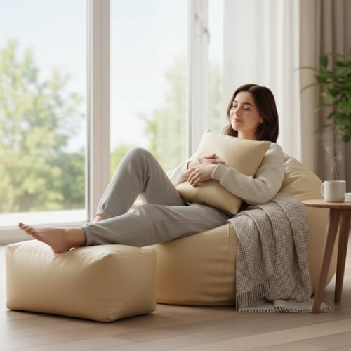 Image of Luxury 5XL Jumbo Bean Bag with Footrest & Cushion | Premium Leatherette | High-Density Beans Filled | Heavy Duty Double Stitch | 6 Months Warranty Color- (Navy Blue) (Cream)