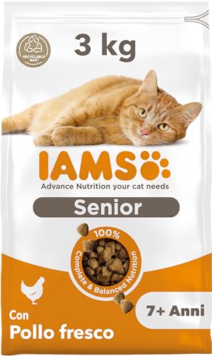 IAMS Cibo secco per gatti Senior - Cibo secco per gatti anziani dai 7 anni in su con pollo fresco, 3 kg