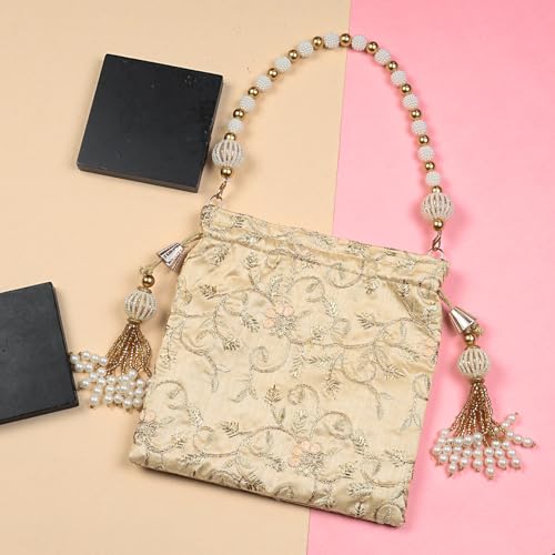 Image of LONGING TO BUY Indian Embroidered Pearl Potli Bag For Women, Sequence Design with Tassel, Wedding Potli Bags