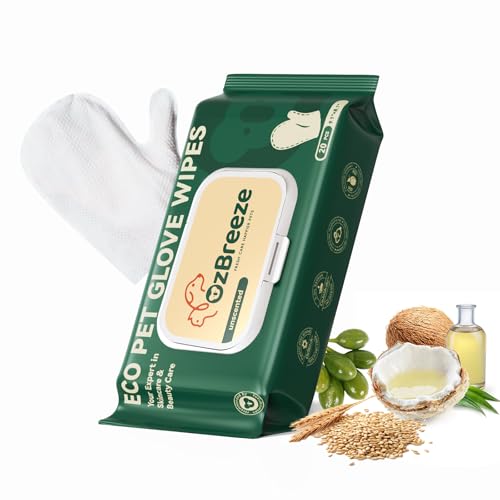 OzBreeze ECO PET Glove Wipes, PET Cleaning & Deodorizing Bath Wipes for Dogs and Cats, Hypoallergenic Nourish Fur Coconut Oil Dog Grooming Wipes, Puppy Bathing Gloves Wipes (Unscented)