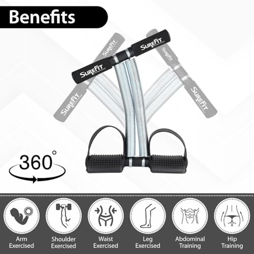 Image of SUREFIT Tummy Trimmer Double Spring with Comfortable Foam Grip Handle & Ab Roller Wheel Combo for Men & Women | Home Workout Fitness Kit for Abs, Arms & Core Training (Black)