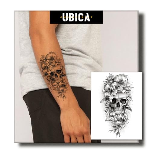 UBICA Semi Permanent Tattoo, Floral Skull Moth Half Sleeve Design, Large