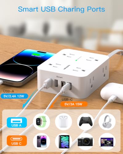 Image of 15 Ft Long Extension Cord with Multiple Outlets, Surge Protector Power Strip Flat Plug with 8 Outlets 4 USB Ports(2 USB C), Desk Outlet Extender for Home Office Supplies, College Dorm Room Essentials