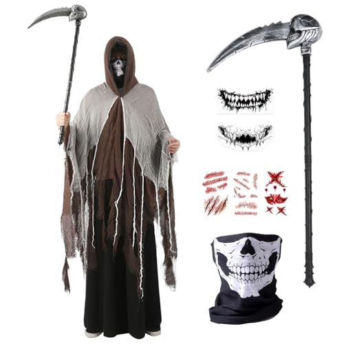 Deguisement Faucheuse Halloween Homme-Costume Faucheuse Halloween Adulte avec Déchirée Cape Capuche Squelette Masque Faucille Tatouage Halloween,Costume D'halloween Fantôme Effrayant Cosplay Carnaval