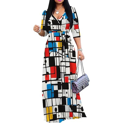 Dresses for Women Abstract Print V Neck 3/4 Sleeve Maxi
