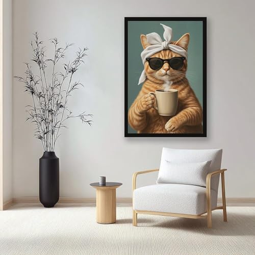 Poster chat orange buvant du café idéal pour égayer un mur vide