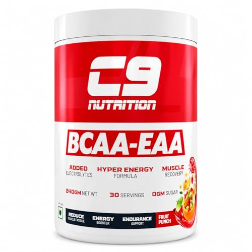 Image of C9 Nutrition BCAA + EAA Powder | 5000mg BCAA + 9000mg EAA | Essential Amino Acid Supplement for Muscle Recovery, Hydration & Endurance | Sugar Free | Fruit Punch Flavour | 30 Servings