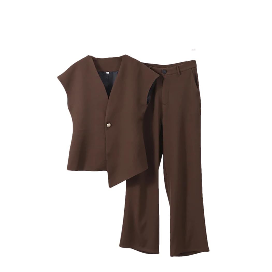 Women Metal One Breasted Tops High Waist Straight Trousers Spring Lady Solid Blazer Pants Set