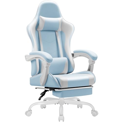 Shahoo Gaming Chair with Footrest and Massage Lumbar Support Video Game Chairs 360Swivel and Height Adjustable Seat with Headrest for Office or Bedroom Study Room Blue and White