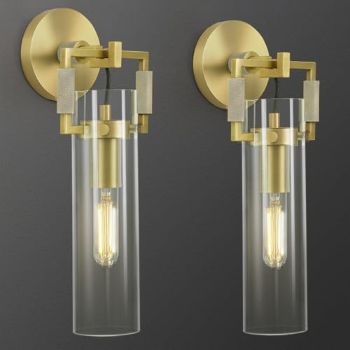Image of Modern Brass Wall Sconces 2 Pack,15.3'' Hardwired Wall Sconce with Knurled,Farmhouse Indoor Bathroom Sconce,Gold Vanity Lights for Bathroom,Glass Wall Sconce for Living Room,Bedroom,Hallway,Staircase