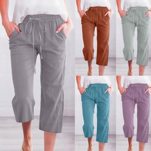 Capri Pants for Women Casual 2025,Summer Drawstring Elastic High Waist Linen Pant,Capris Pants for Women Cotton Linen3