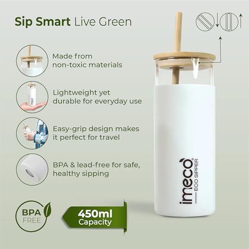 Image of IMECO ECO Sipper Glass Bottle with Bamboo Lid & Straw 450ml | Borosilicate Glass Tumbler | Leakproof & BPA-Free | Reusable, Non-Toxic & Lightweight | Ideal for Milk, Coffee & Tea - White