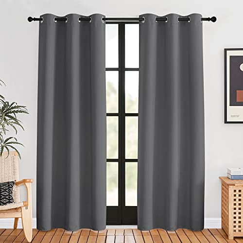 NICETOWN Bedroom Curtains Blackout Drapery Panels, 2 Panels, 42 x 80 inches, Gray, Three Pass Microfiber Thermal Insulated Solid Ring Top Blackout Win