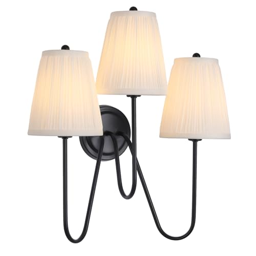 Image of Electro bp; Elegant Triple Sconce Black Curved Metal Arm with Warm White Pleated Fabric Lamp Shades Brocade Cover Wall Light Fixture,E12,3 Sockets,120W,Hardwired;