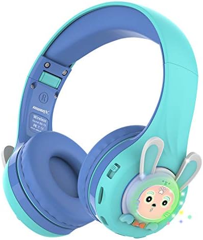 Riwbox RB-7S Rabbit Kids Headphones Wireless, LED Light Up Bluetooth Over Ear Headset Volume Limited Safe 75dB/85dB/95dB with Mic and TF-Card, Children Headphones for Girls Boys (Blue&Green)