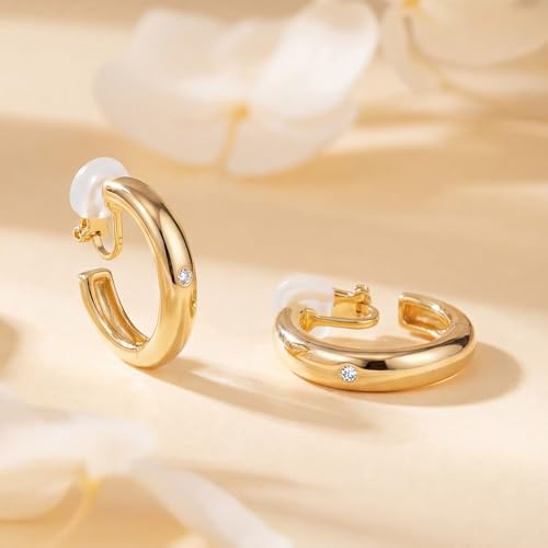 Image of Clip on Earrings for Women, 14K Gold Small Gold Hoop Earrings, Hypoallergenic Non Pierced Hoop Earring for Women