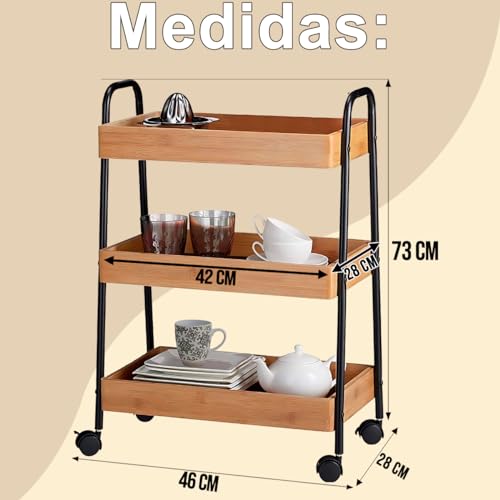 Carrinho Organizador Multiuso 3 Prateleiras de Bambu Fruteira Com Rodinhas Estante Organizadora 3 An